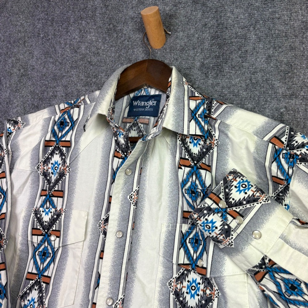 Wrangler Western Shirt Mens Medium Cream Blue Tribal Geometric Pearl Snap 0593